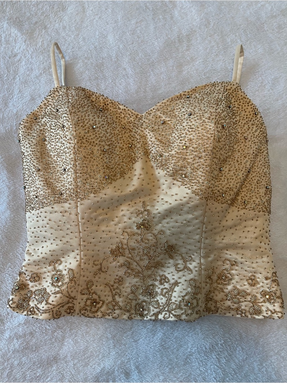 Champagne Colored Fully Beaded Formal Spaghetti Strap Satin Top